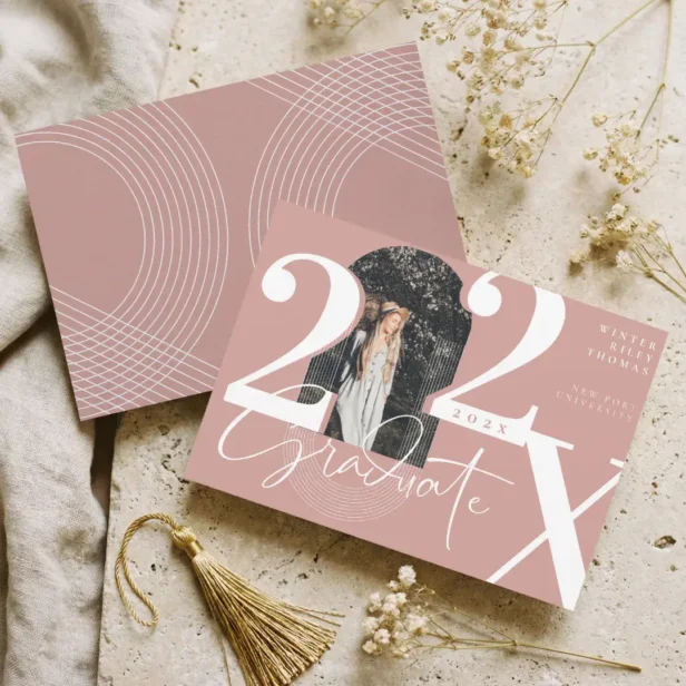 Minimal Modern Arch Photo Graduation pink Announcement