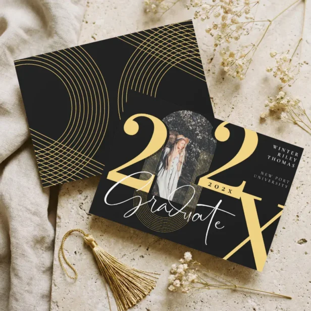 Minimal Modern Arch Photo Graduation Black Announcement