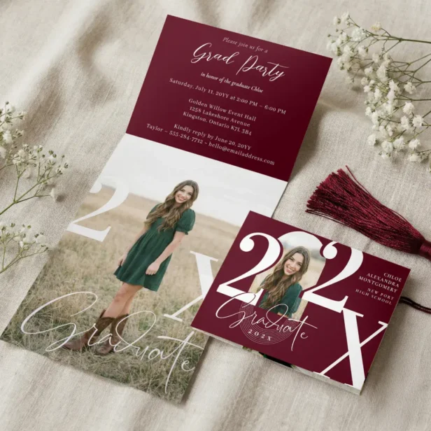 Minimal Modern Bold Graduation Year Arch Photo Burgundy Tri-Fold Invitation