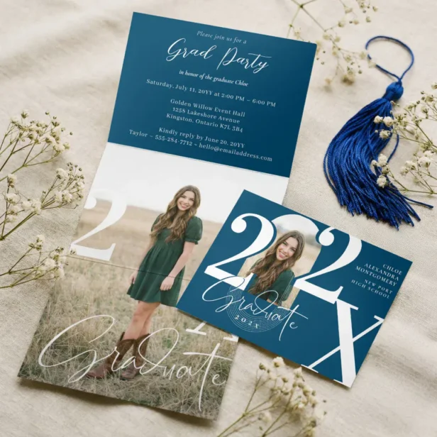 Minimal Modern Bold Graduation Year Arch Photo Blue Tri-Fold Invitation