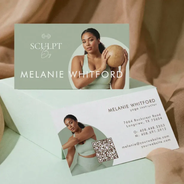 Modern Minimal Fitness Personal Trainer Photo QR Green Horizontal Business Card
