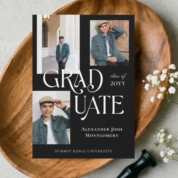 Modern Minimal Trendy Grad Photo Collage Graduate Black Announcement
