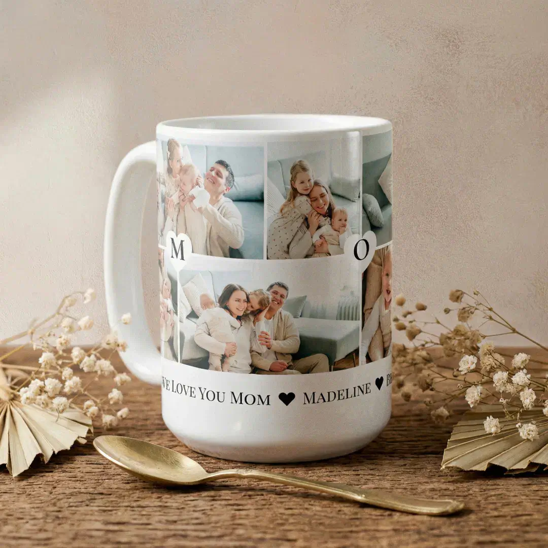 Personalized We Love You Mom Heart Photo Collage Coffee Mug