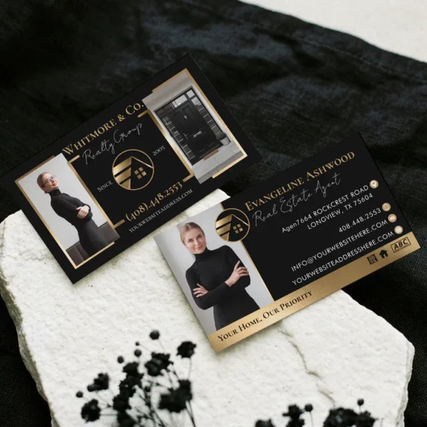 Real Estate Agent Broker Luxury Black Gold Photo Business Card