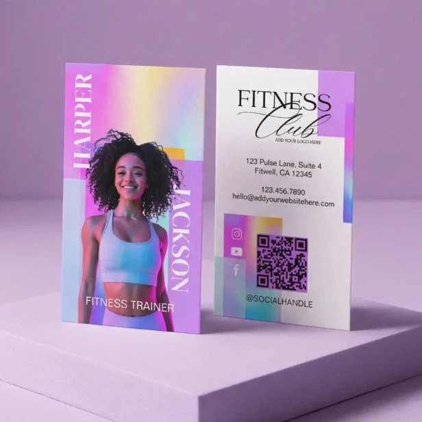 Retro Iridescent Holographic Fitness Trainer Photo Business Card