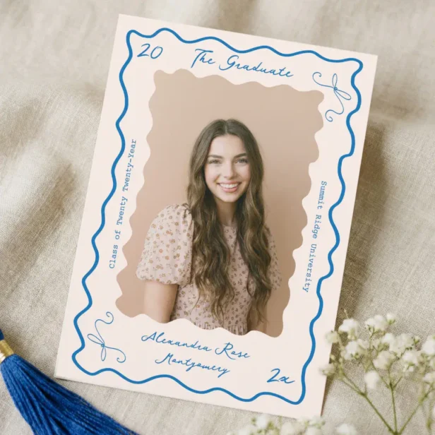 Retro Wavy Hand Drawn Bow Grad Photo Graduation Blue Announcement