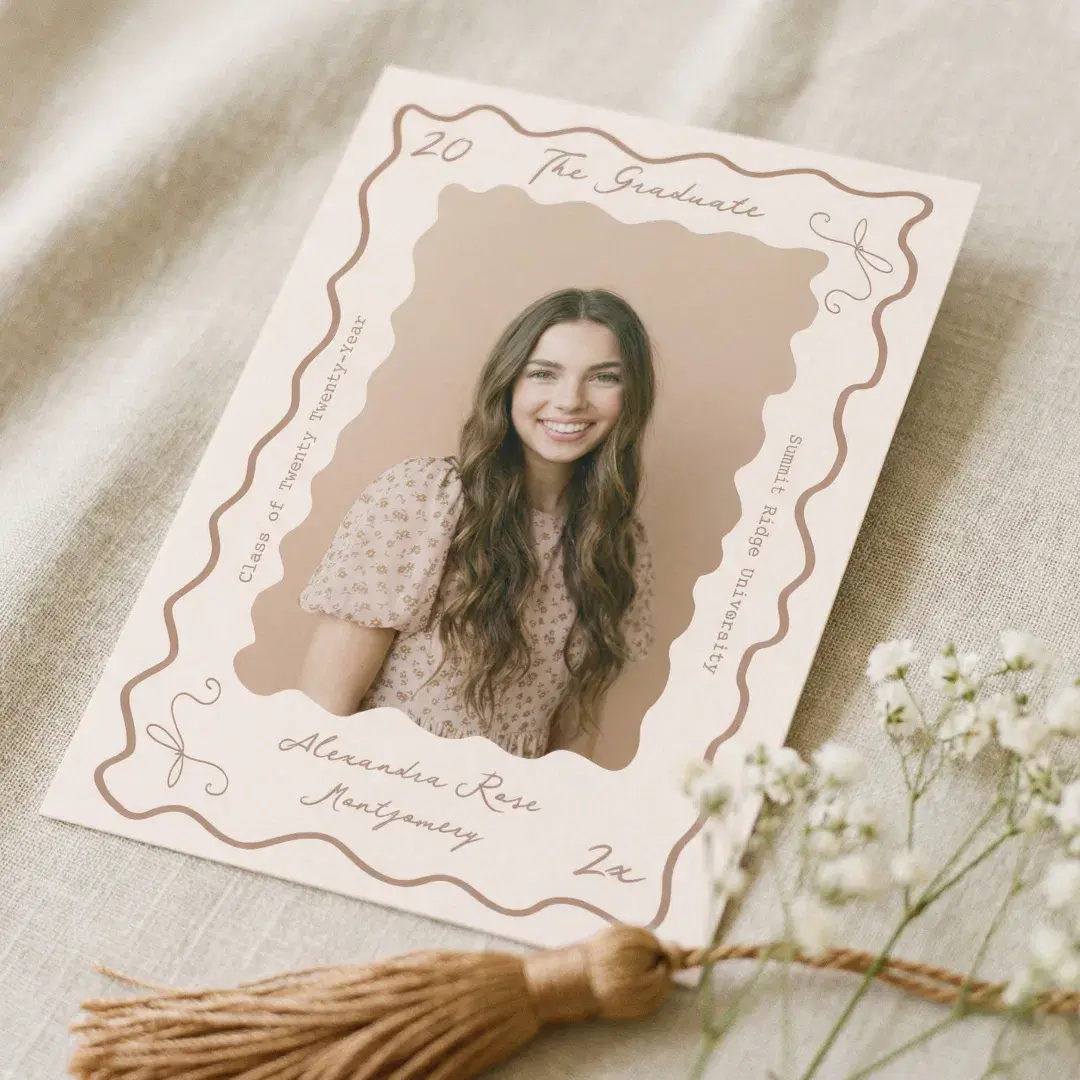 Retro Wavy Hand Drawn Bow Grad Photo Graduation Beige Announcement