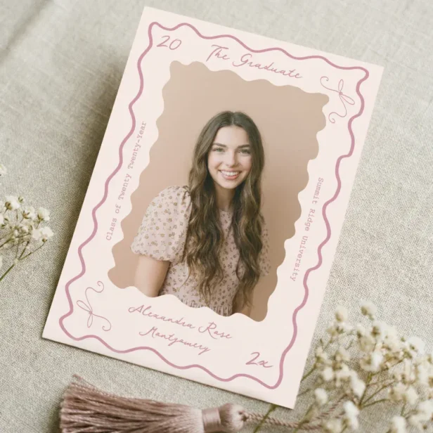 Retro Wavy Hand Drawn Bow Grad Photo Graduation Pink Announcement