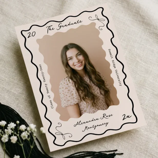 Retro Wavy Hand Drawn Bow Grad Photo Graduation Black Announcement