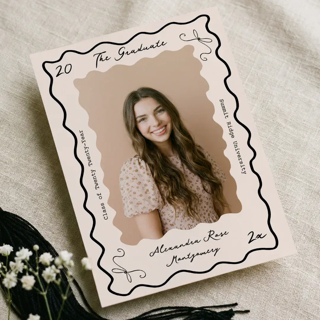 Retro Wavy Hand Drawn Bow Grad Photo Graduation Black Announcement
