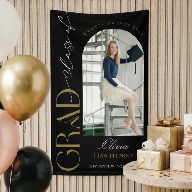 Trendy Modern Minimal Arch Photo Graduation Party Blush Black Banner