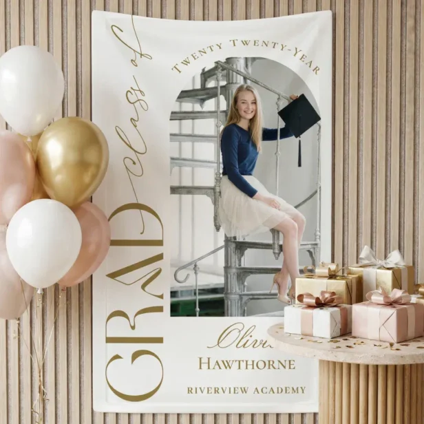 Trendy Modern Minimal Arch Photo Graduation Party Blush White Banner