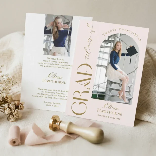 Trendy Modern Minimal Arch Photo Graduation Party Invitation