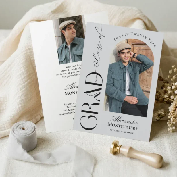 Trendy Modern Minimal Arch Photo Graduation Grey Party Invitation