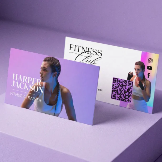 Trendy Retro Iridescent Fitness Influencer Photo Horizontal Business Card
