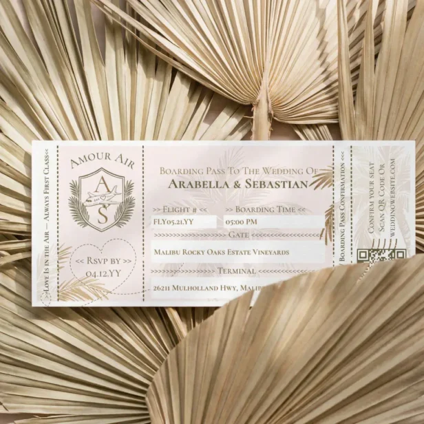 Tropical Boarding Plane Ticket Destination Wedding Invitation