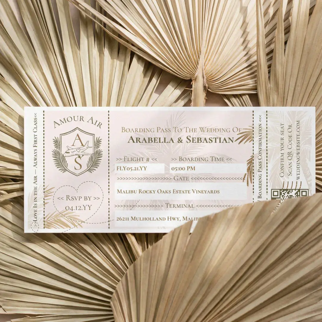 Tropical Boarding Plane Ticket Destination Wedding Invitation