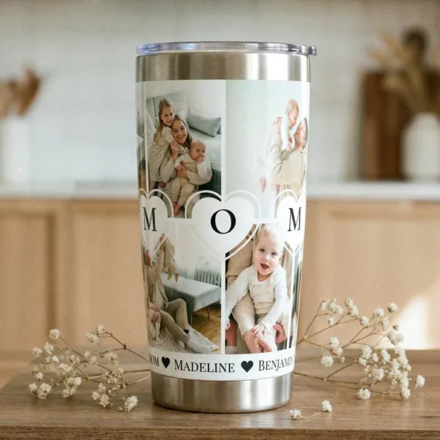 We Love You Mom Heart Personalized Photo Collage Insulated Tumbler