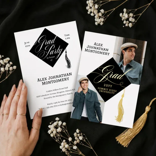 Elegant Black Gold Grad Cap Tassel Graduate Photo Foil Invitation