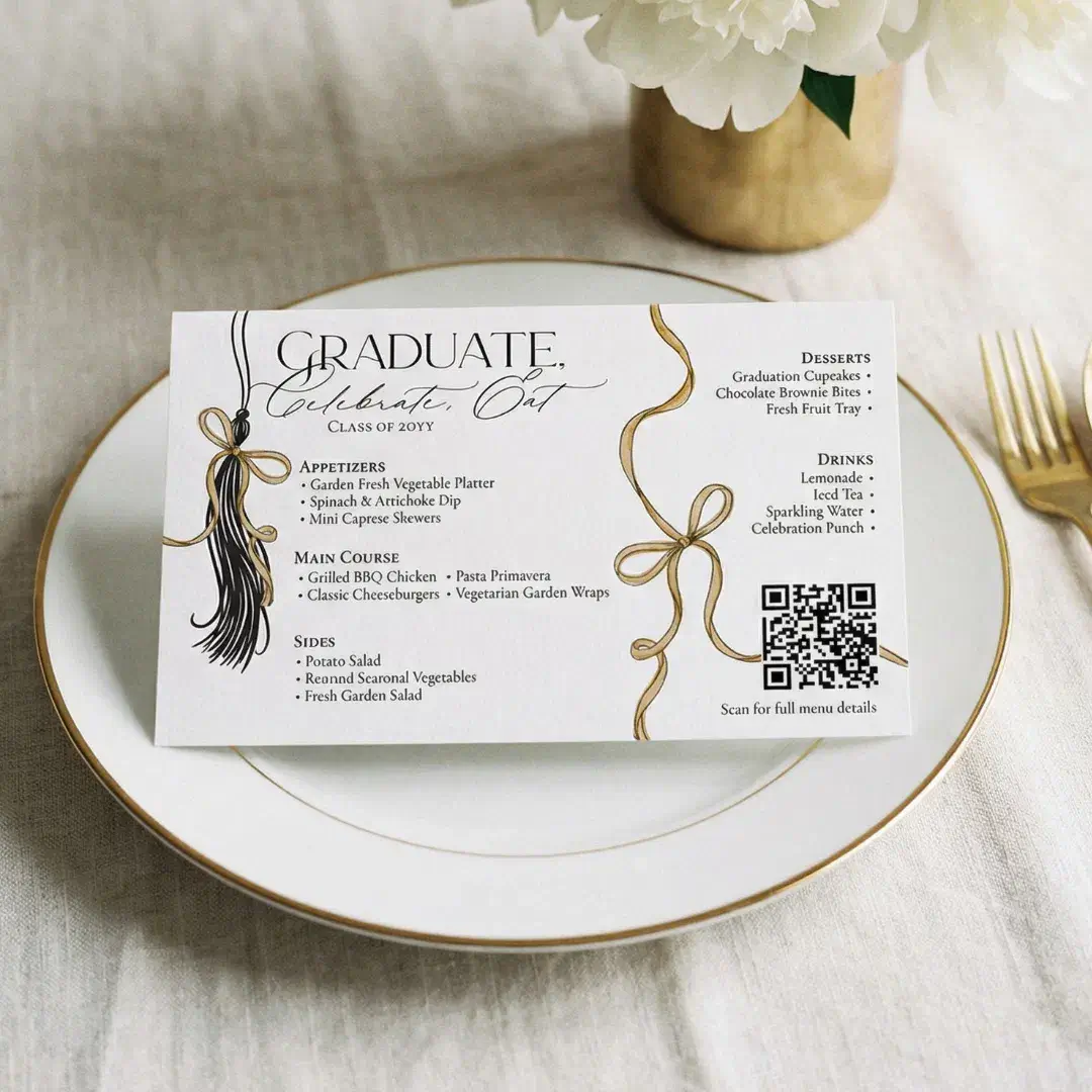 Elegant Gold Bow & Tassel Graduation Party Menu