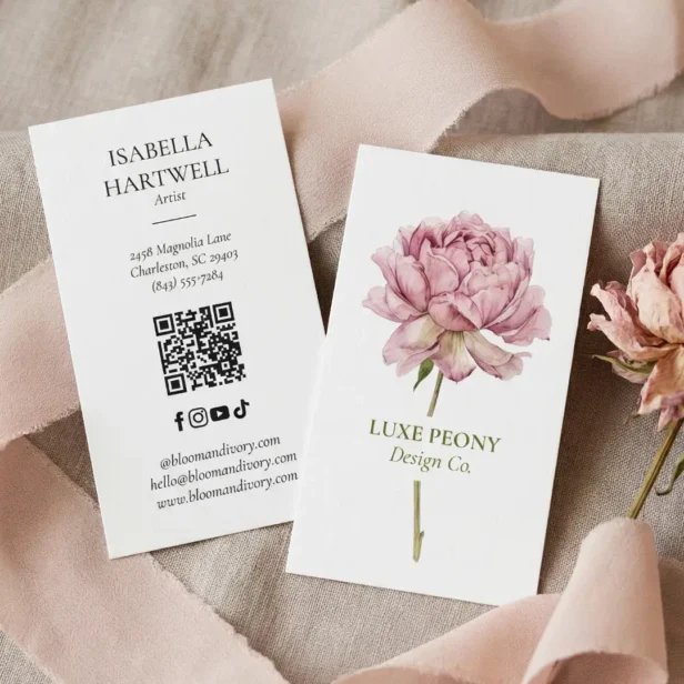 Elegant Modern Luxury Peony Watercolor Floral Business Card