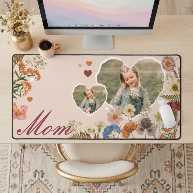 Elegant Mom Floral Wildflower Heart Photo Collage Desk Mat