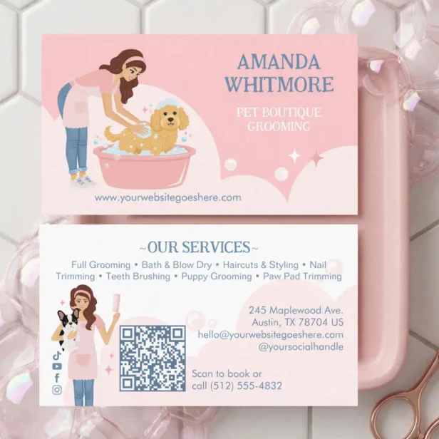 Fun Pampered Pet Dog Groomer Professional Stylist Pink Business Card