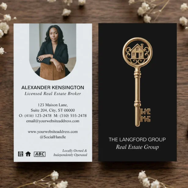 Luxury Black Gold Home Key Real Estate Agent Photo Business Card