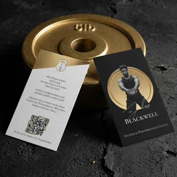 Luxury Black Gold Personal Trainer Fitness Photo Business Card