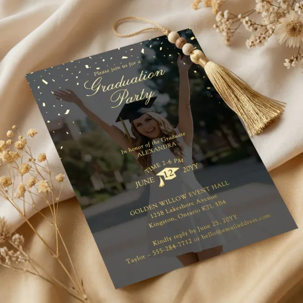 Minimal Confetti Bold Graduation Year Photo Party Foil Black Invitation