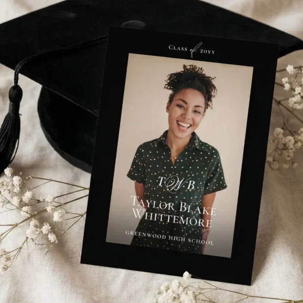 Minimal Elegant Monogram Black Graduation Photo Announcement
