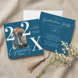 Minimal Modern Bold Graduation Year Arch Photo Blue Invitation