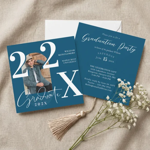 Minimal Modern Bold Graduation Year Arch Photo Blue Invitation