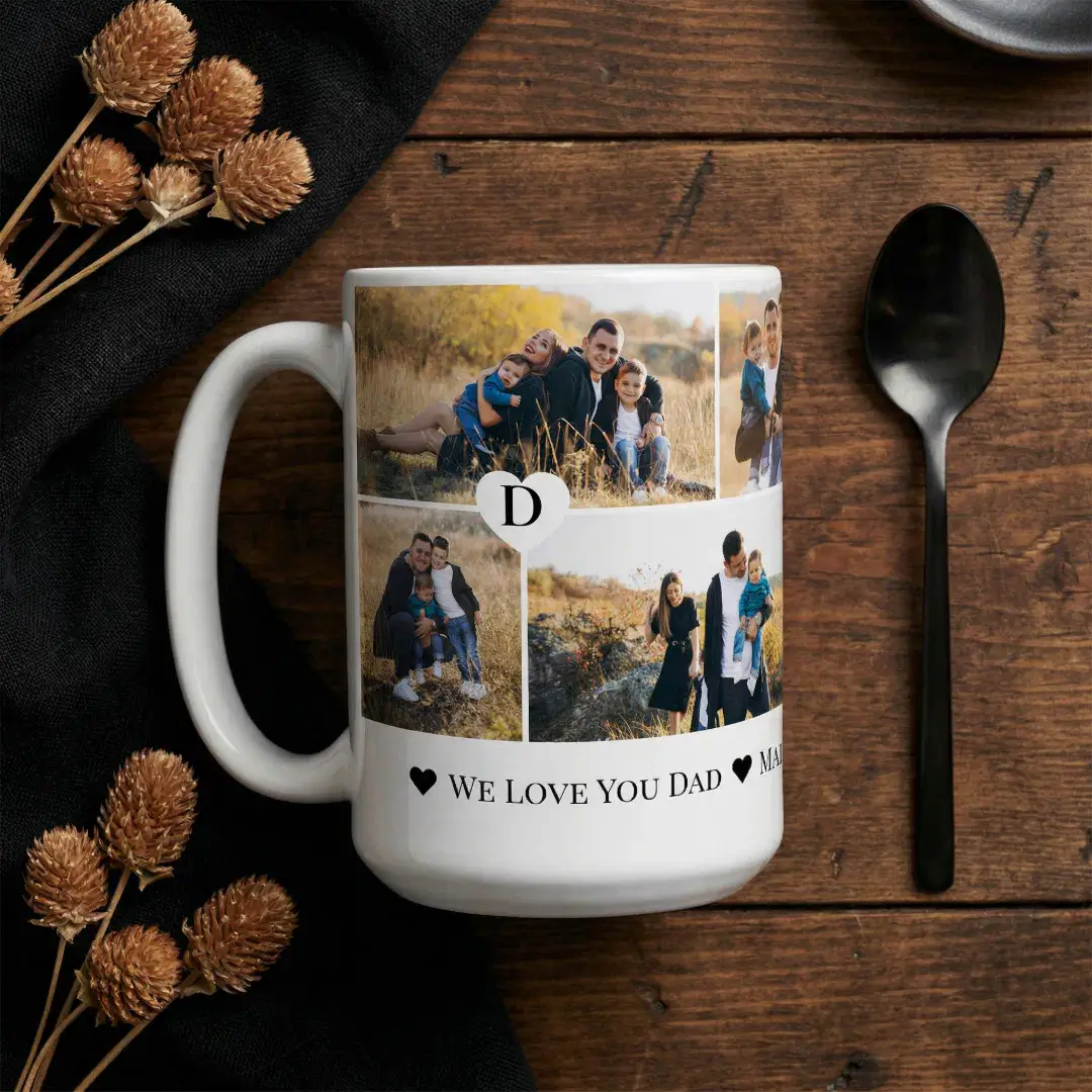 Personalized We Love You Dad Heart Photo Collage Coffee Mug