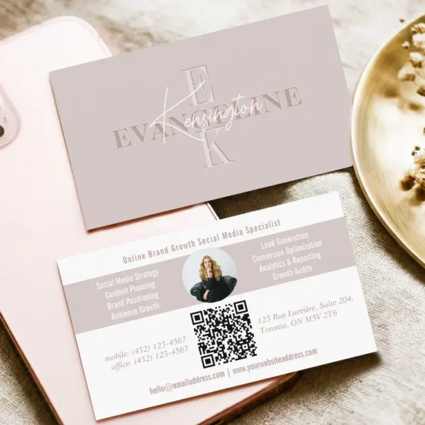 Pink Modern Minimal Monogram Script Photo QR Code Business Card