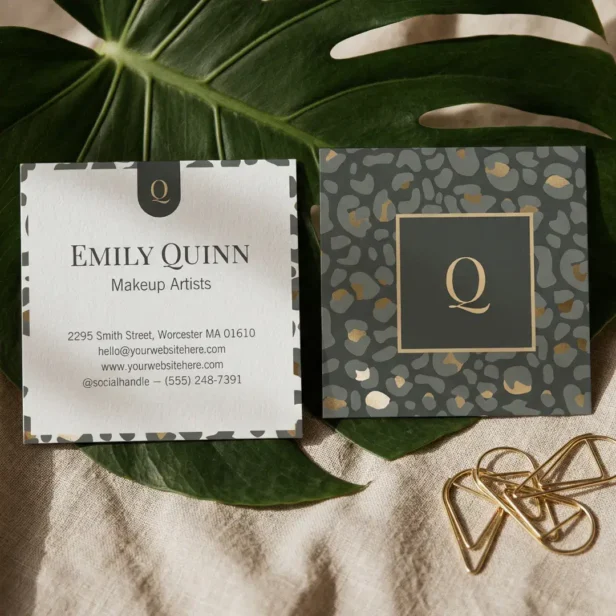 Chic Luxury Monogram Leopard Cheetah Print Beauty Square Business Card