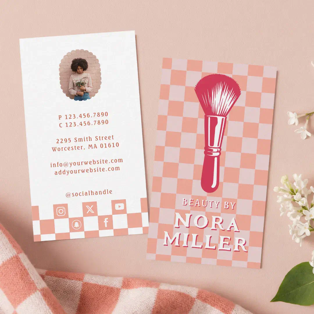 Beauty By Retro Pink Checkerboard Makeup Brush Business Card
