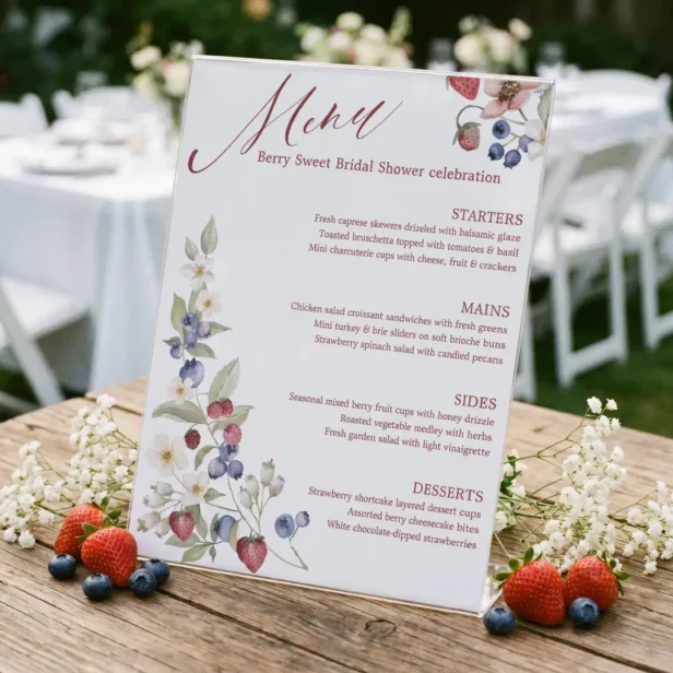 Berry Sweet Bridal Shower Menu Wild Berry Floral Pedestal Sign