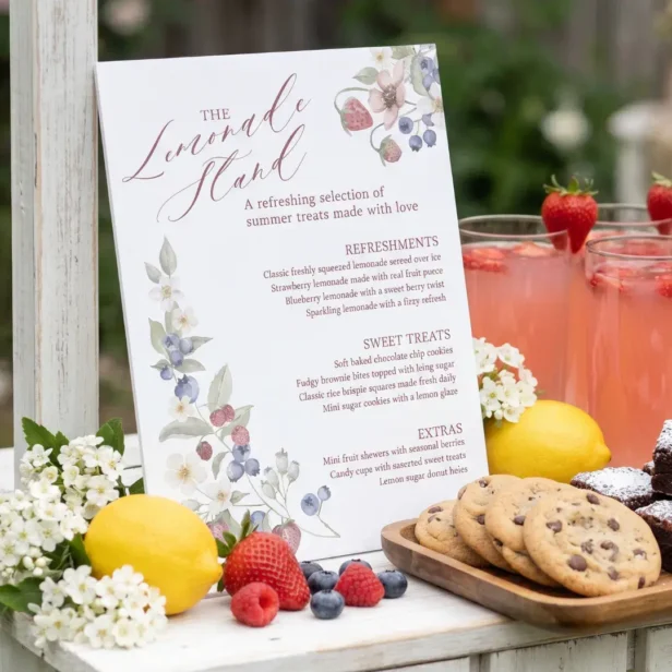 Berry Sweet Lemonade Stand Bridal Shower Menu Pedestal Sign