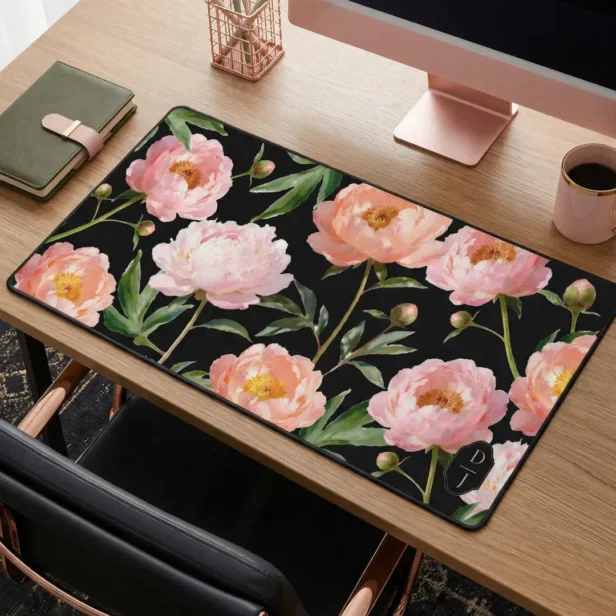 Bold Watercolor Pink Peony Floral Pattern Monogram Desk Mat