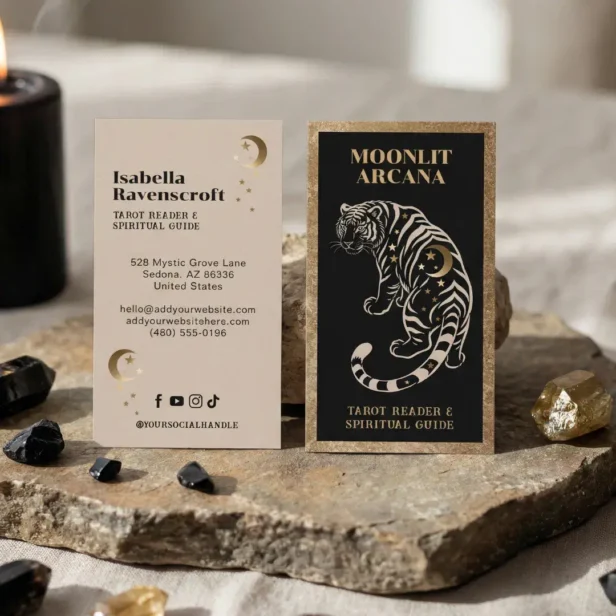 Celestial Tiger Spiritual Healer Black Gold Tarot Business Card