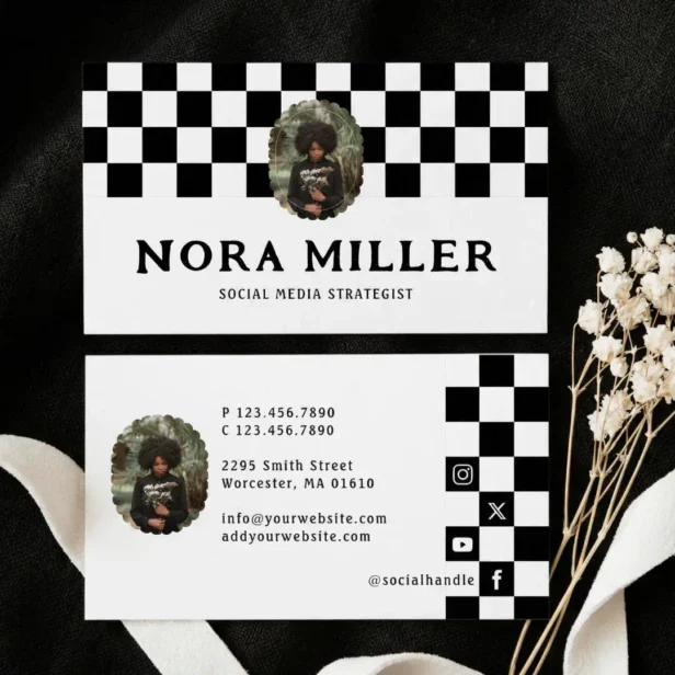 Checkered Pattern Social Media Influencer Photo Business Card