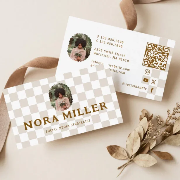 Checkered Pattern Social Media Influencer Photo QR Business Card
