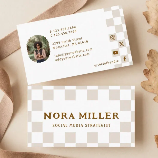 Chic Retro Checkered Pattern Content Creator Photo Business Card