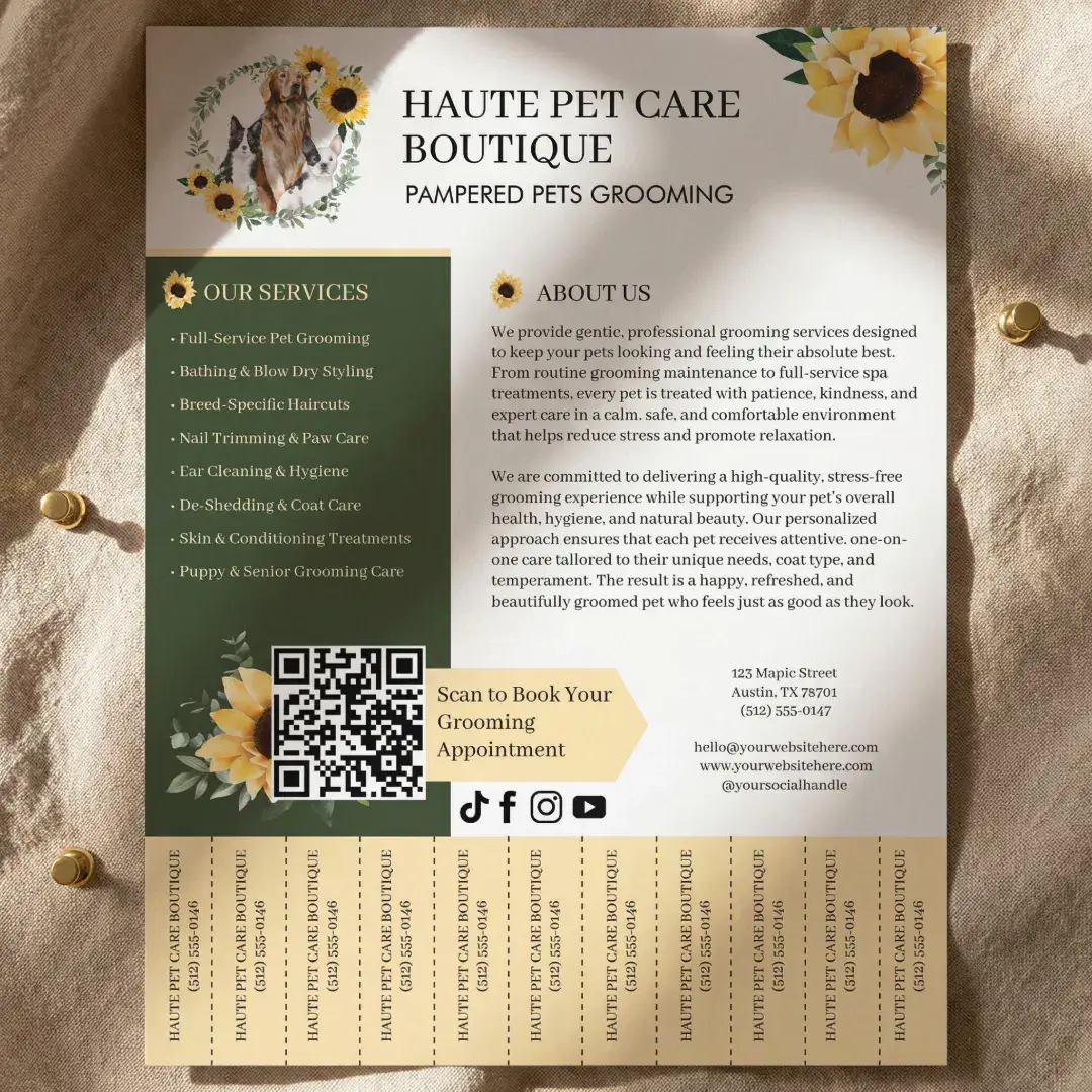 Dog Cat Pet Grooming Sunflower Tear Off Tabs Flyer