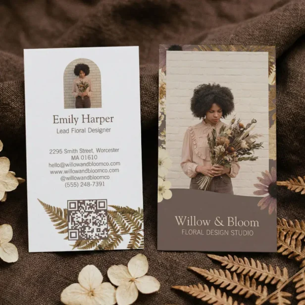 Elegant Boho Botanical Wildflower Floral Photo QR Business Card