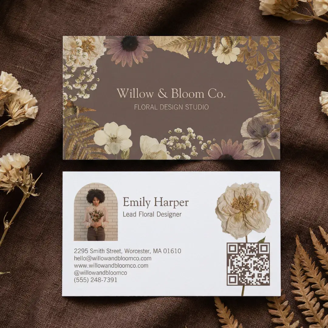 Elegant Boho Botanical Wildflower Floral Photo QR Business Card