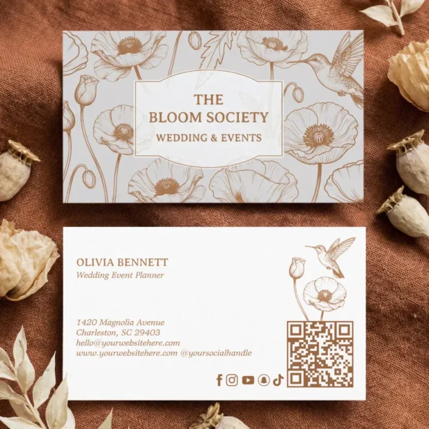 Elegant Floral Poppy & Hummingbird Wedding Planner Business Card