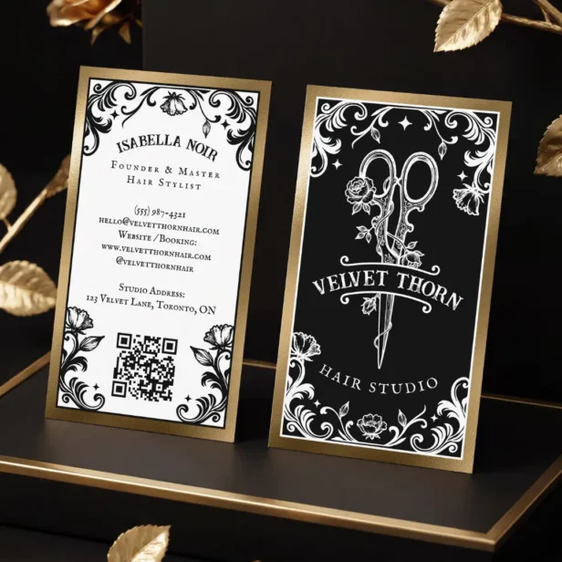 Gothic Vintage Hair Stylist Beauty Salon Black Business Card