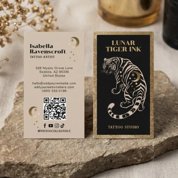 Luxury Celestial Tiger Tattoo Artist Black Gold Business Card